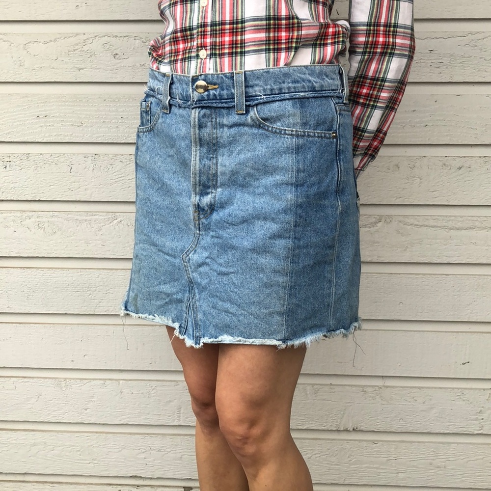 Reformation Jigsaw Reworked Redone Distressed Raw Hem Denim Jean Skirt